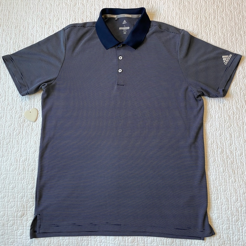 ADIDAS Men's Short Sleeve Polo Golf Shirt, Navy Blue & Grey Stripe, size Large